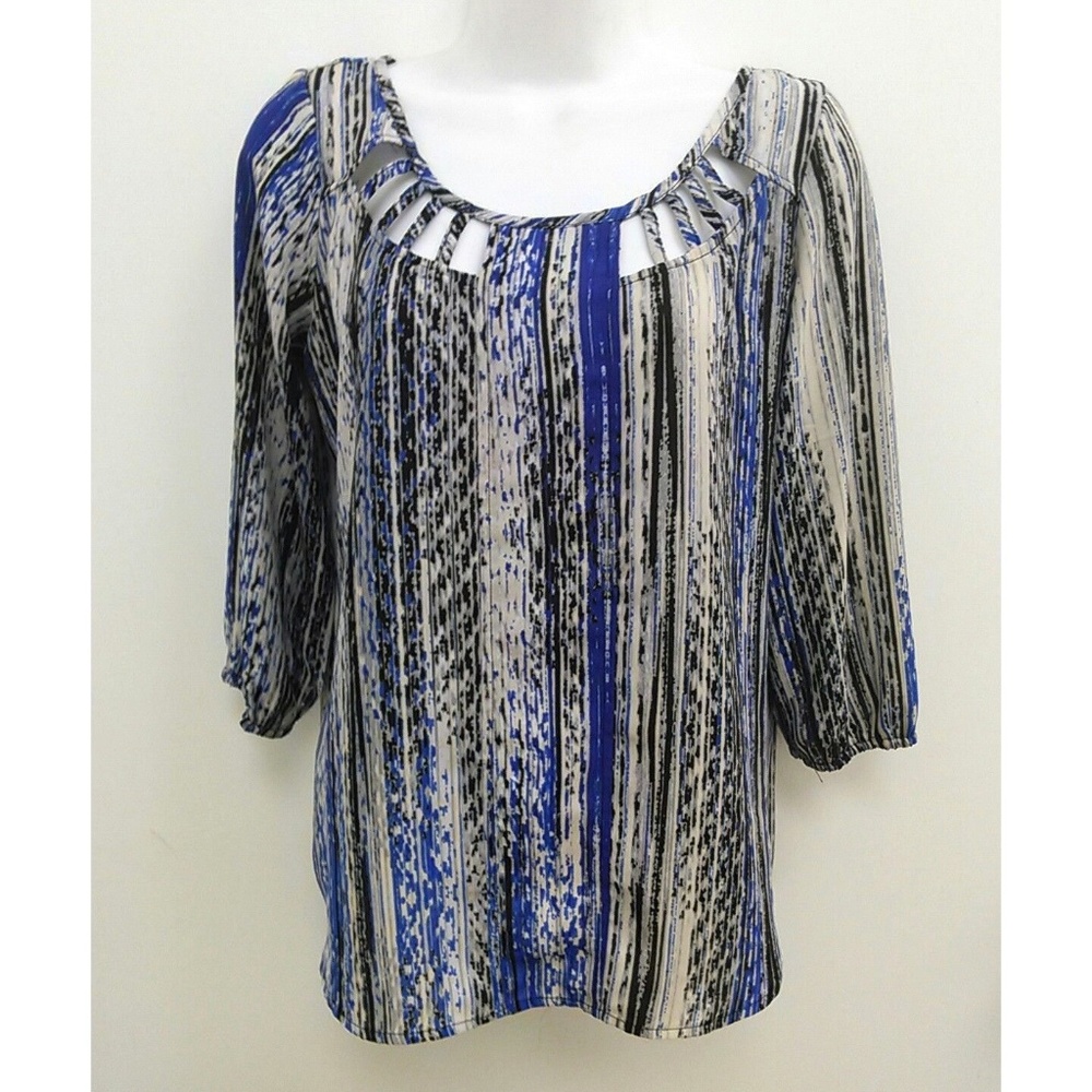 Heart Soul Cage Blouse Blue Gray Striped